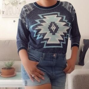 Love On A Hanger Aztec Patterned Blue Crop Sweater
